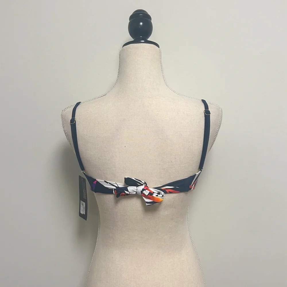 Skye Navy Blue Leaves Removable Strap Back Tie Underwire Bandeau Bikini Top NOS